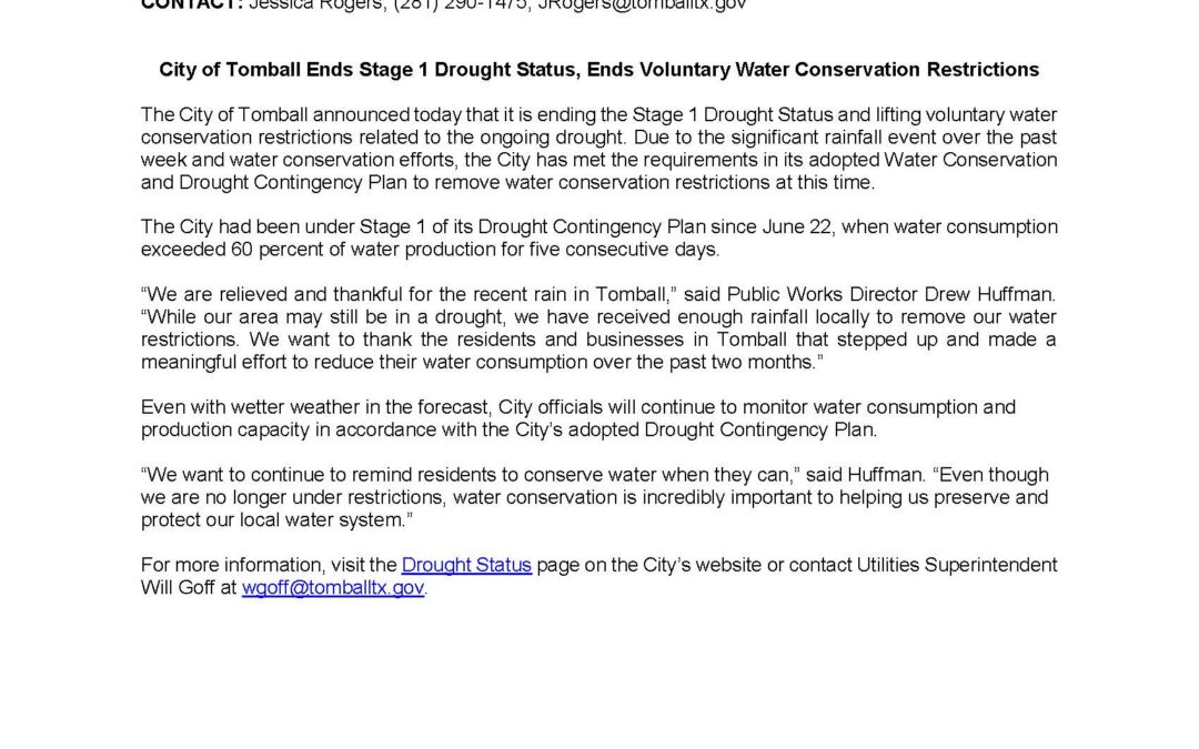 City of Tomball Ends Stage 1 Drought Status