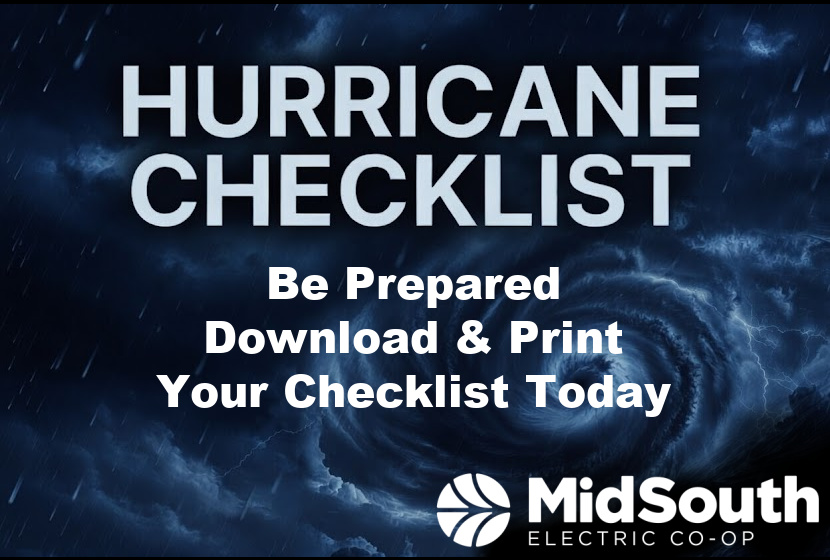Banner promoting a hurricane checklist with a call to action to download and print, by MidSouth Electric Co-op.