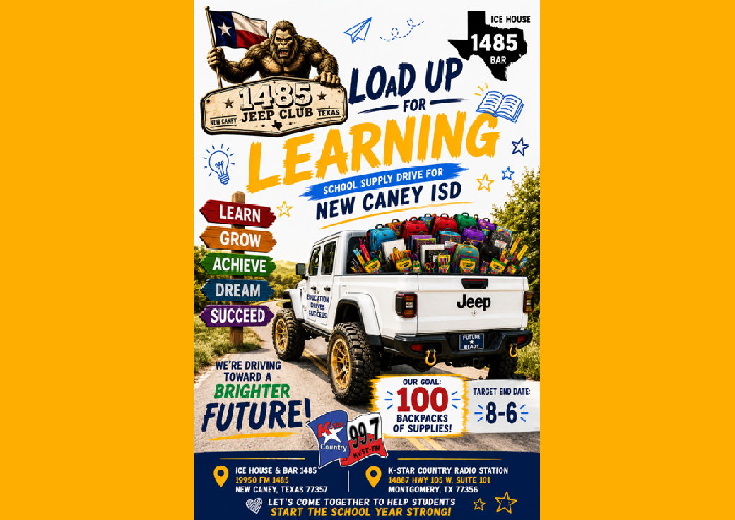 school drive Poster for a school supply drive by New Caney ISD featuring a white Jeep pickup overflowing with colorful backpacks and the bold word 'LEARN' with 'BRIGHTER FUTURE' slogan nearby.